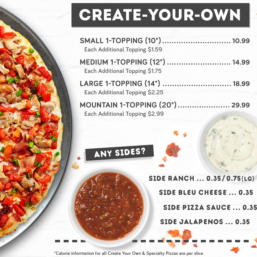 A large pizza is displayed on a digital menu board alongside prices and toppings.