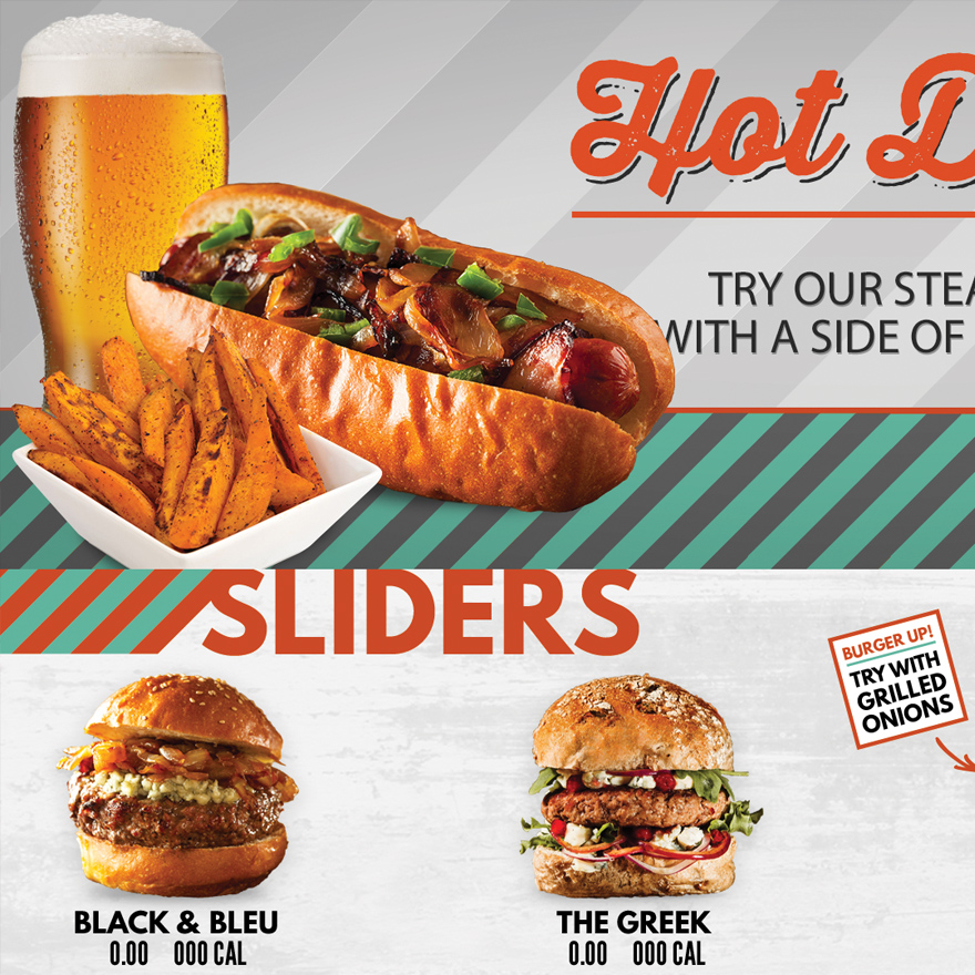 A digital menu design displaying a hot dog, glass of beer, and french fries.