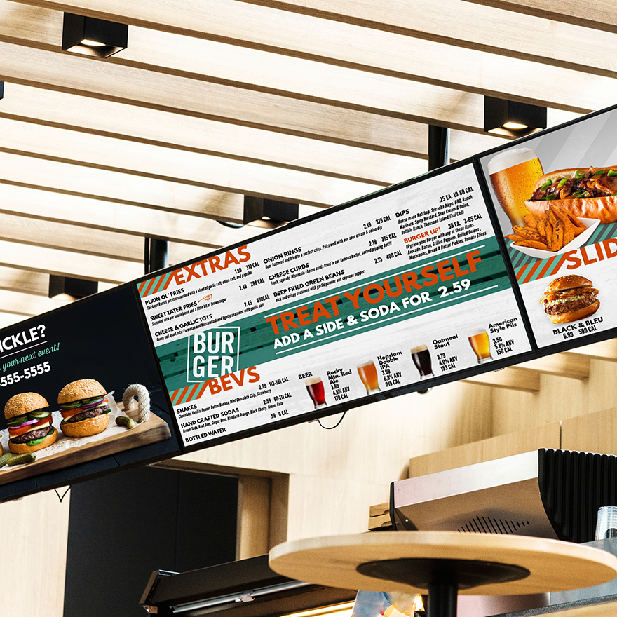 Three horizontal video menus showcase a QSR's hamburgers and sliders.